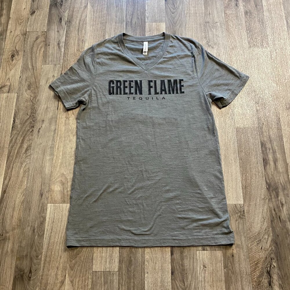 Green Flame Tequila V Neck Tee Shirt Bella Canvas Size Large Oversized